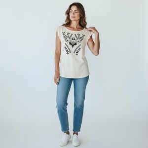 LOFT short sleeve blouse - embroidered cotton, ruffle cap sleeve Size M